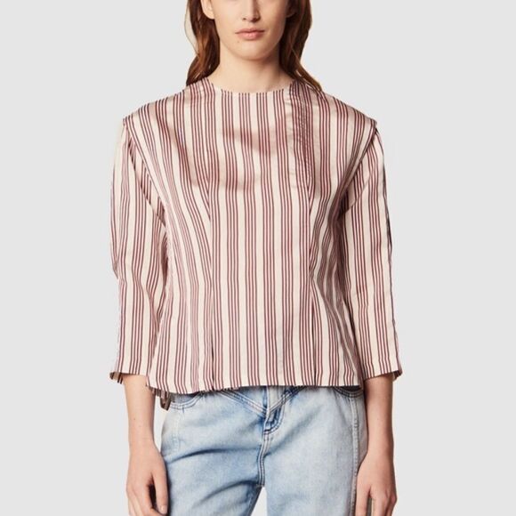 Sandro Iman Pleated Back-snap Blouse In Burgundy - Picture 1 of 9